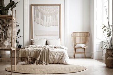 Picture frame standing vertically empty in contemporary bedroom with parquet flooring. Boho inspired interior design mockup. Poster or photo space is available. Bed, pampas grass, rattan chair, and ma