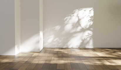 Fototapete - Room cozy interior background with soft window sunlight and trees shadows, summer empty room and wooden parquet floor - empty room place for design solutions and advertisement, summer cozy background