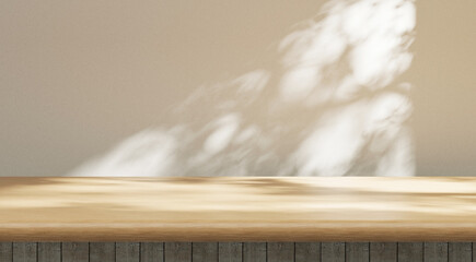 Fototapete - wooden empty cozy table background, sunny countertop template background and soft window sunlight and shadows, presentation and advertisement mock up, business work and product placement mock up