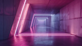 Fototapeta Do przedpokoju - Concrete tunnel background, perspective view of futuristic hallway and lines of purple neon light. Modern empty abstract garage. Concept of room, hall interior, studio, design.