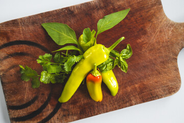 Wall Mural - fresh chili peppers and herbs on rustic wooden cutting board