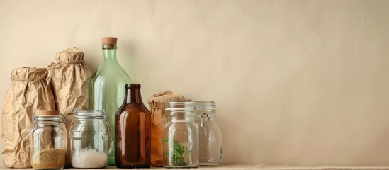 Sticker - Glass jars and bottles for zero waste shopping displayed on a beige craft paper background.