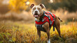 Pit Bull wearing a service dog vest.