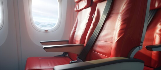 Wall Mural - Passenger information: Secure seat belt when seated by red airplane seat near window in low-cost commercial airline cabin.