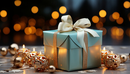 Wall Mural - Glowing candle illuminates gift box, celebrating winter night season generated by AI