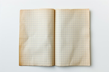 Open grid paper notebook with blank pages isolated on a solid background, copy space