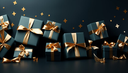 Sticker - Shiny gold gift box wrapped in festive birthday decoration generated by AI