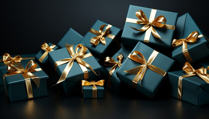 A shiny gold gift box wrapped in blue wrapping paper generated by AI