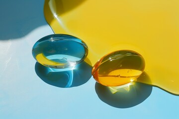 Two vitamins on yellow and blue oil spills.