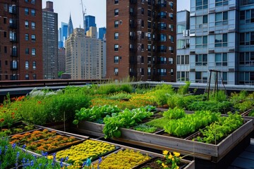 Wall Mural - Urban garden on rooftop amidst high-rise buildings.