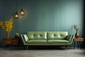 Light green leather sofa against wall with copy space. Mid-century, retro, vintage style home interior design of modern living room.