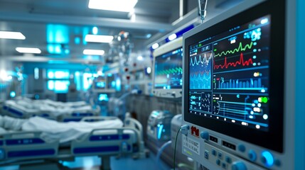 Wall Mural - An image showcasing a centralized monitoring station in an ICU, with screens displaying vital signs from multiple patients.