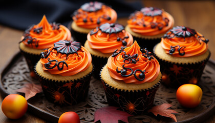 Wall Mural - Homemade Halloween cupcakes, sweet indulgence with spooky decorations generated by AI