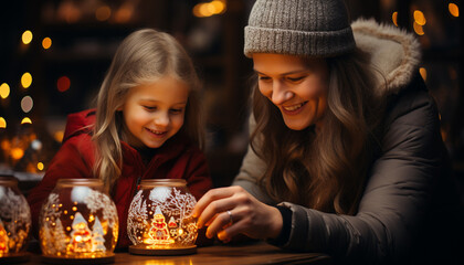 Poster - Smiling child, cheerful family, winter celebration, cute girls enjoying Christmas generated by AI