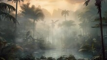 Jungle In The Fog Palm Trees In The Haze Morning. Sunrise Above Tropical Palm Jungle With Sun Rays And Thick Morning Fog. Seamless Looping Overlay 4k Virtual Video Animation Background 