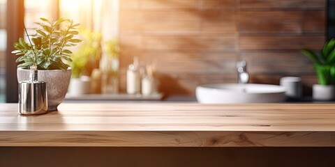 Canvas Print - Blurred bathroom interior reflected on wooden table for product display.