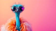 Creative Animal Concept. Emu Bird,vibrant Bright Fashionable Outfits Isolated On Solid Background Advertisement With Copy Space. Birthday Party Invite Invitation Banner