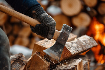 Closeup shot action of a hand holding an axe cutting into a firewood - Generative AI