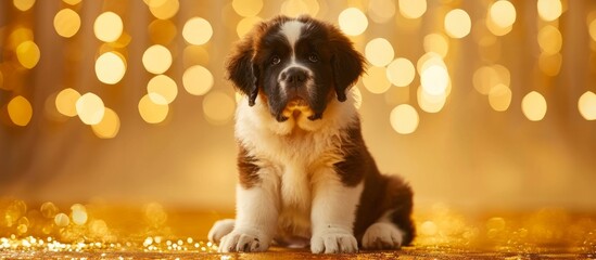 Wall Mural - St Bernard pup seated alone on golden backdrop.