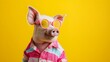 Creative animal concept.Pig, vibrant bright fashionable outfits isolated on solid background advertisement with copy space. birthday party invite invitation banner