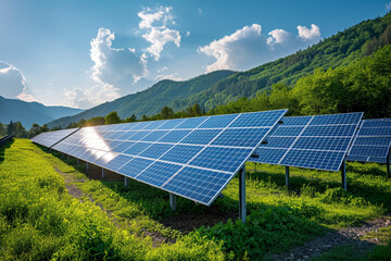 Wall Mural - Solar energy panel photovoltaic cell and farm power generator in nature landscape, Generative AI