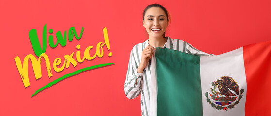 Sticker - Happy young woman with Mexican flag and text VIVA MEXICO on red background