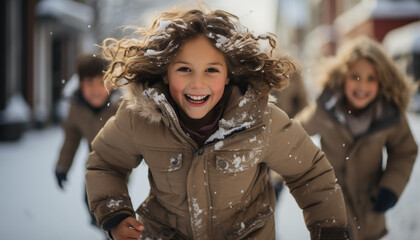 Canvas Print - Smiling winter outdoors, happiness in cheerful Caucasian ethnicity generated by AI