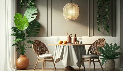 Wall Mural - The stylish dining room with copy space, round table, rattan chair, lamp and kitchen accessories. Leaf in a vase. Home decor. Template