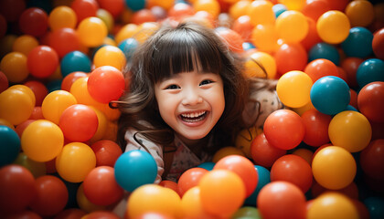 Poster - Smiling child playing with colorful balloons, pure happiness and joy generated by AI