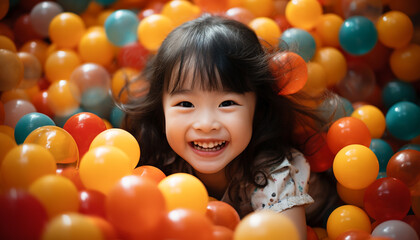 Poster - Smiling child playing with colorful balloon, pure happiness and joy generated by AI