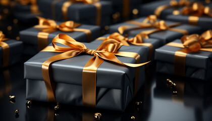 Sticker - A shiny gold gift box wrapped in elegant wrapping paper generated by AI