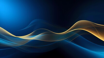 Poster - abstract blue wavy background with gold line waves. generative ai