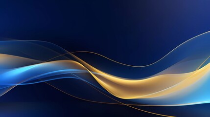 Poster - abstract blue wavy background with gold line waves. generative ai