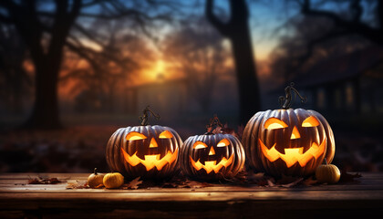 Sticker - Spooky Halloween party glowing pumpkin lanterns illuminate the dark forest generated by AI