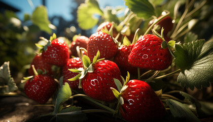 Wall Mural - Juicy, ripe strawberry on wooden table, refreshing and healthy generated by AI