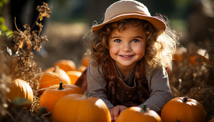 Canvas Print - Smiling child playing outdoors, pumpkin decoration brings autumn joy generated by AI