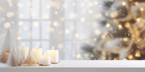 Wall Mural - Blank white table with warm living room decor, Christmas tree lights, blurred snowy backdrop. Ideal for showcasing products.