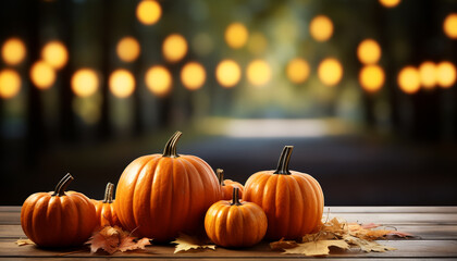 Sticker - Autumn celebration pumpkin decoration illuminates rustic table in candlelight generated by AI