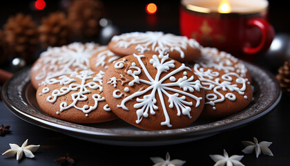 Wall Mural - Homemade gingerbread cookies decorate the rustic table generated by AI