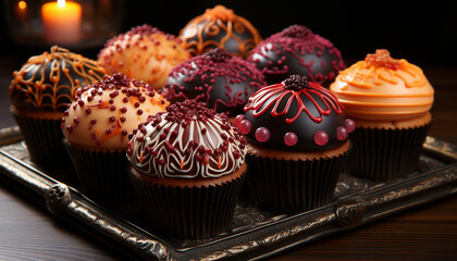 Wall Mural - Homemade gourmet cupcake, a sweet indulgence with chocolate icing generated by AI