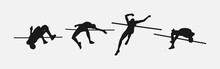 High Jump Silhouette Collection Set. Sport, Running, Jumping, Athletic Concept. Different Actions, Poses. Vector Illustration.