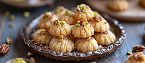 Wall Mural - Close-up of Eid semolina maamoul cookies, a traditional Arabic sweet with dates, walnuts, and pistachio nuts.