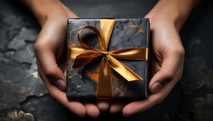 Poster - Hand holding gift box, wrapped in gold paper, symbolizing love generated by AI