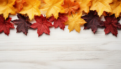 Poster - Autumn wood table, vibrant colors, maple leaf decoration, organic beauty generated by AI