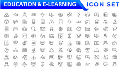 Poster - Education and E-learning icon set. Online education icon set. Thin line icons set. Distance learning. Containing video tuition, e-learning, online course, audio course, educational website