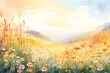 Watercolor wildflower meadow in the sunset landscape background painting for wallpaper backdrop design