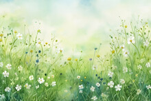 Watercolor Wild Meadow With Flowers And Grass Landscape Background Hand-painted Illustration Wallpaper