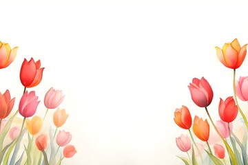 Wall Mural - Watercolor Tulip border frame background with blank space for card wedding invitation banner design