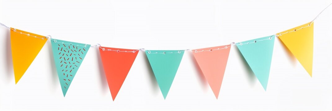 Cute, colorful, party garland with decorative festive flags. bright red green yellow blue colors; triangular shape, isolated on white, for party event wall decoration.