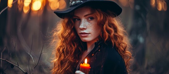 Red-haired sorceress with hat and cloak holds candle in the woods.
